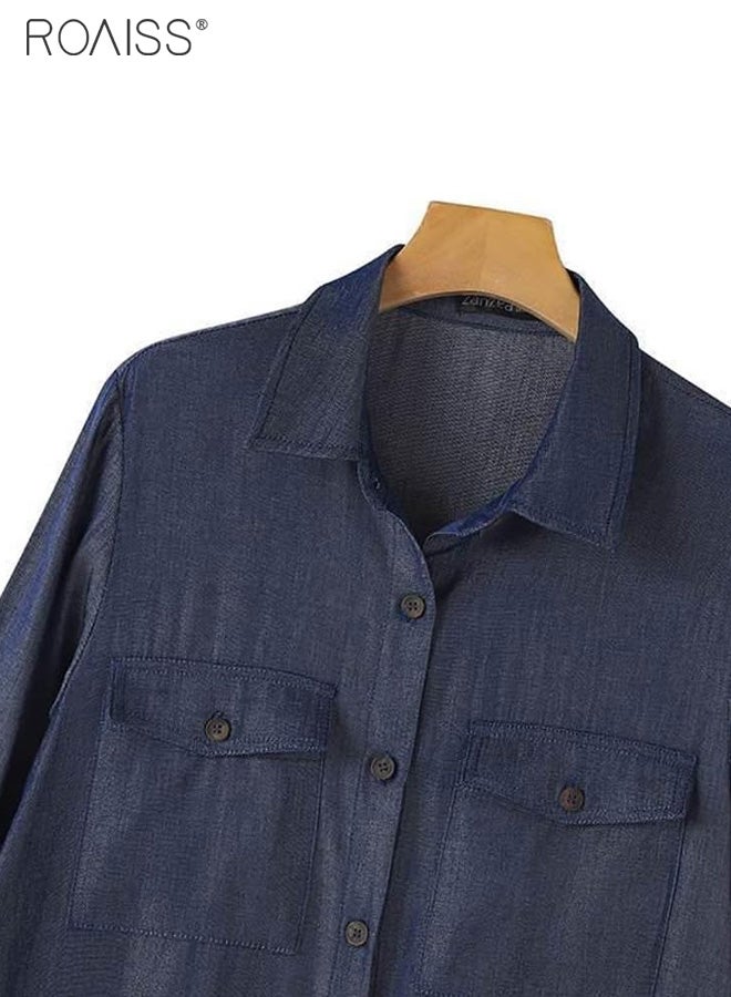 roaiss Women's Casual Denim Shirt Dress Loose Fit Button Closure Denim Dress With Pockets On Both Sides Lightweight Long Dress - Image 4