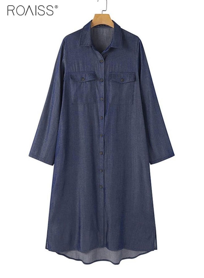 roaiss Women's Casual Denim Shirt Dress Loose Fit Button Closure Denim Dress With Pockets On Both Sides Lightweight Long Dress - Image 2