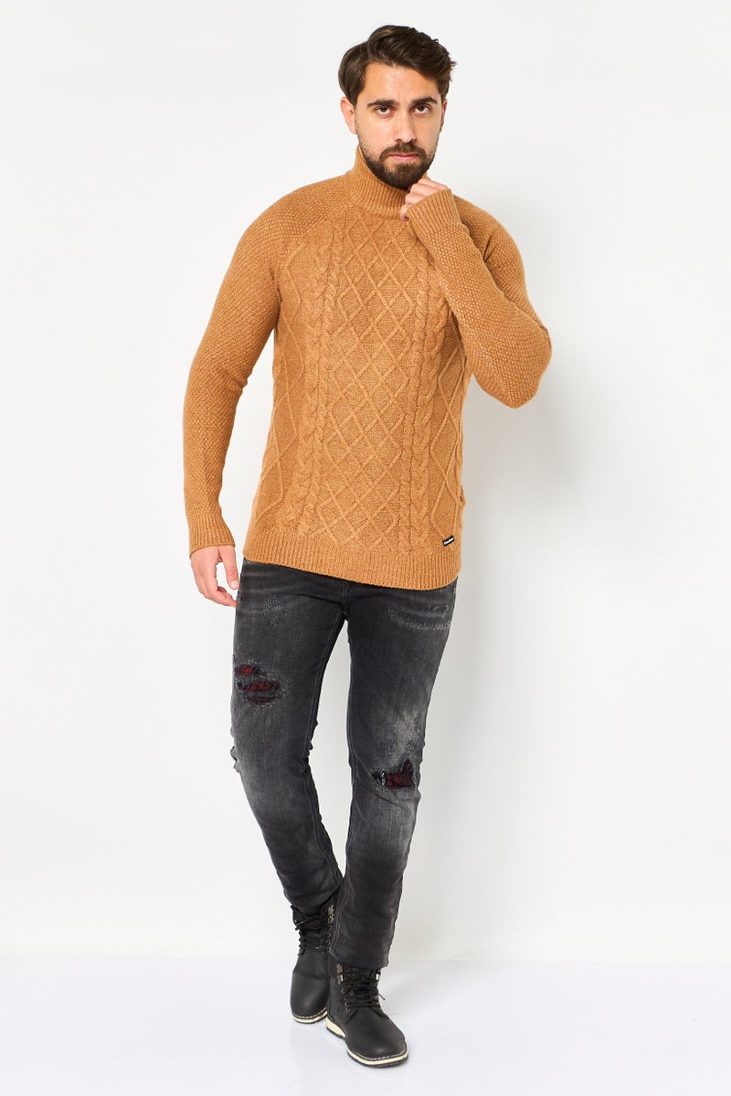 Threadbare Men Mock Neck Crochet Sweater, Camel - Image 4