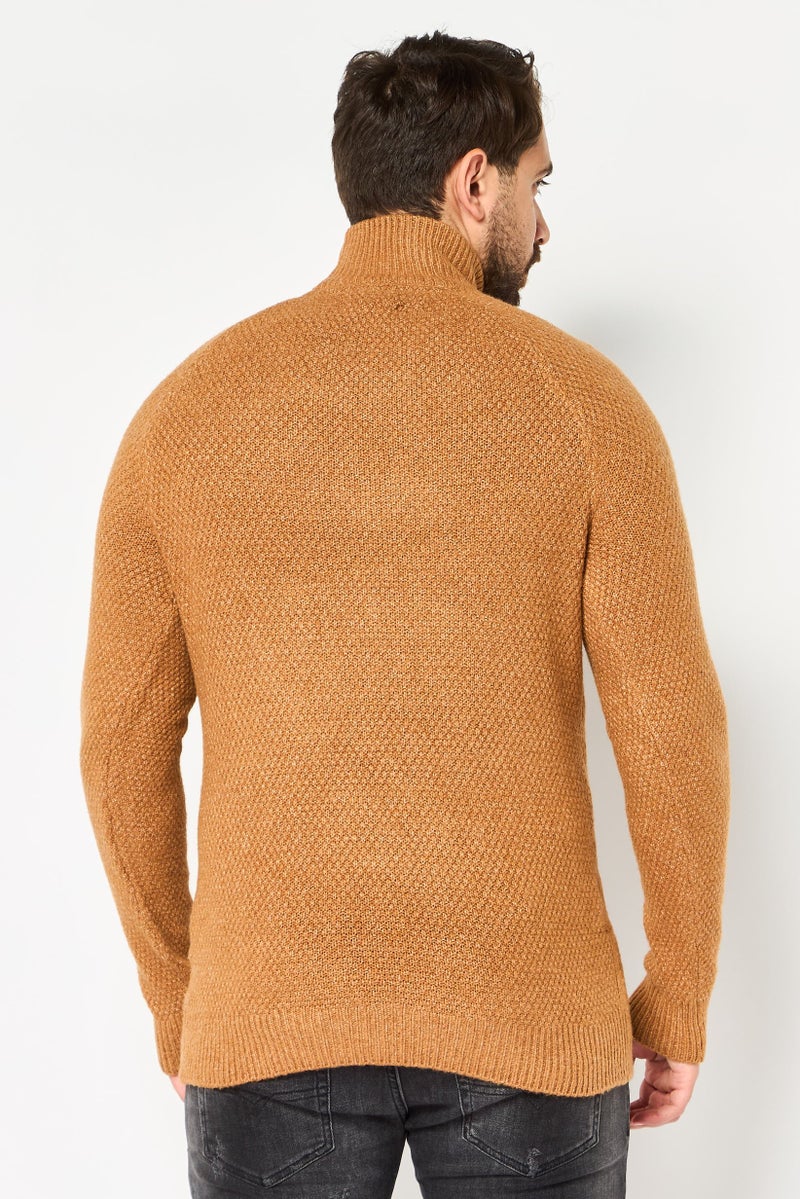 Threadbare Men Mock Neck Crochet Sweater, Camel - Image 3