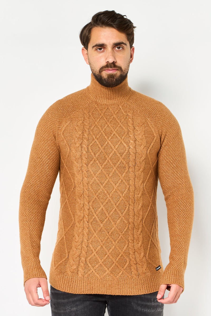 Threadbare Men Mock Neck Crochet Sweater, Camel - Image 1
