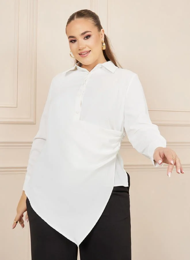 ستايلي Plus Asymmetric Hem Wrap Button Closure Collared Top