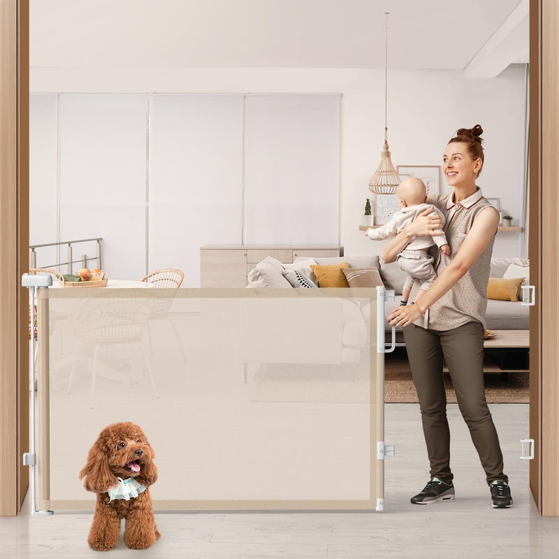 Cideny 76'' Retractable Baby Gates Extra Wide, Mesh Long Dog Gate for Wide Openings, Indoor Outdoor Stair Gate for Doorways Hallways Deck Porch, Child Pet Safety Essentials for Home, Beige - Image 1