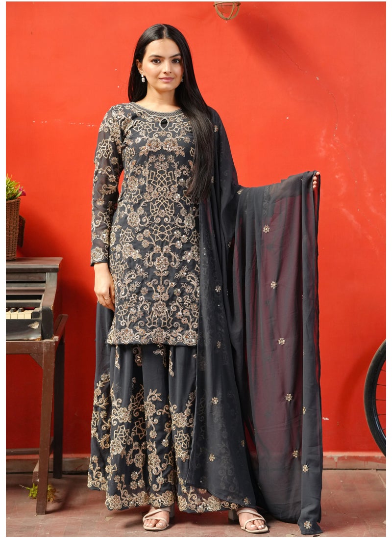 Super Asian Elegant Faux Georgette Sharara Suit Set with Sequence Embroidery Work  - Image 2