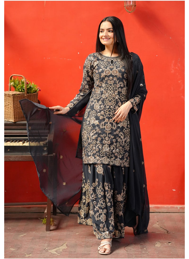 Super Asian Elegant Faux Georgette Sharara Suit Set with Sequence Embroidery Work  - Image 1