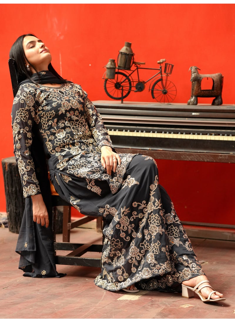 Super Asian Elegant Faux Georgette Sharara Suit Set with Sequence Embroidery Work  - Image 3