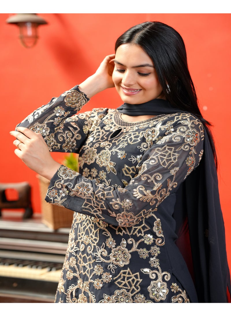 Super Asian Elegant Faux Georgette Sharara Suit Set with Sequence Embroidery Work  - Image 4
