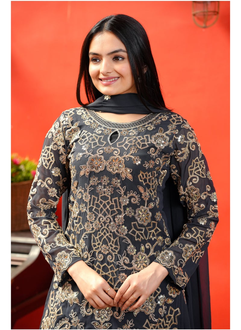 Super Asian Elegant Faux Georgette Sharara Suit Set with Sequence Embroidery Work  - Image 5