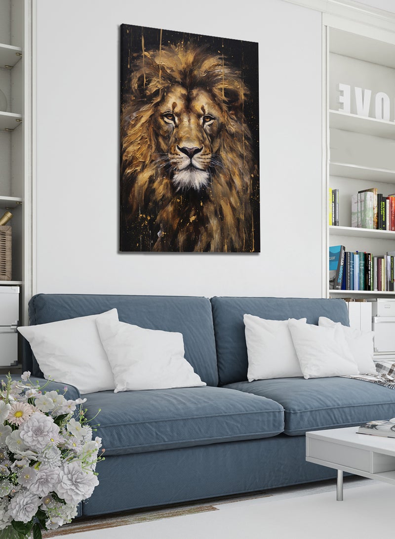 LOWHA Canvas Wall Art Stretched Over Wooden Frame with Golden Lion Painting - Image 1