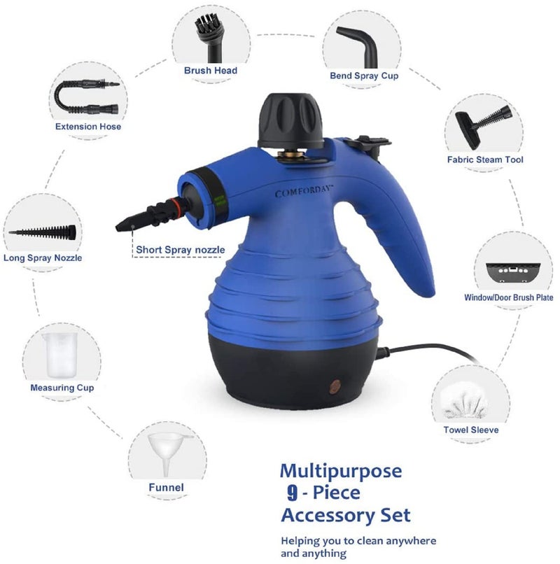 Comforday Handheld Pressurized Steam Cleaner - Multi-Purpose Steamer with 9-Piece Accessories Steam Cleaning Machine for Stain Removal, Curtains, Car Seats, Floor, Window (Blue) - Image 2