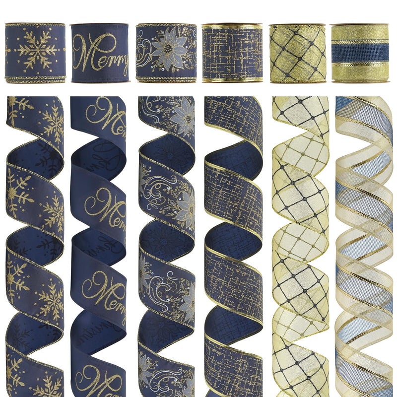 HUIHUANG Navy Blue Wired Ribbon for Christmas Tree Blue and Gold Christmas Ribbon Wired Navy Ribbons for Bows Wreaths Garlands Gift Wrapping Crafts Home Decorations 25 x 6 Rolls 36 Yds Total - Image 2