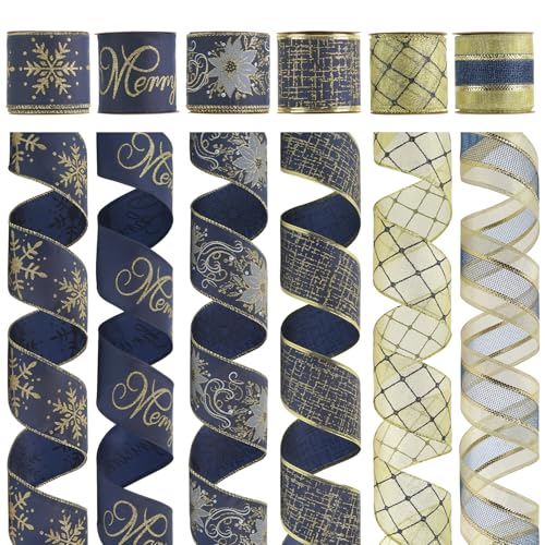 HUIHUANG Navy Blue Wired Ribbon for Christmas Tree Blue and Gold Christmas Ribbon Wired Navy Ribbons for Bows Wreaths Garlands Gift Wrapping Crafts Home Decorations 25 x 6 Rolls 36 Yds Total - Image 1