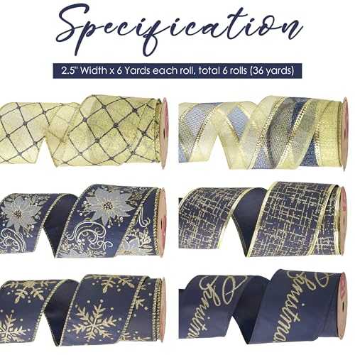 HUIHUANG Navy Blue Wired Ribbon for Christmas Tree Blue and Gold Christmas Ribbon Wired Navy Ribbons for Bows Wreaths Garlands Gift Wrapping Crafts Home Decorations 25 x 6 Rolls 36 Yds Total - Image 3