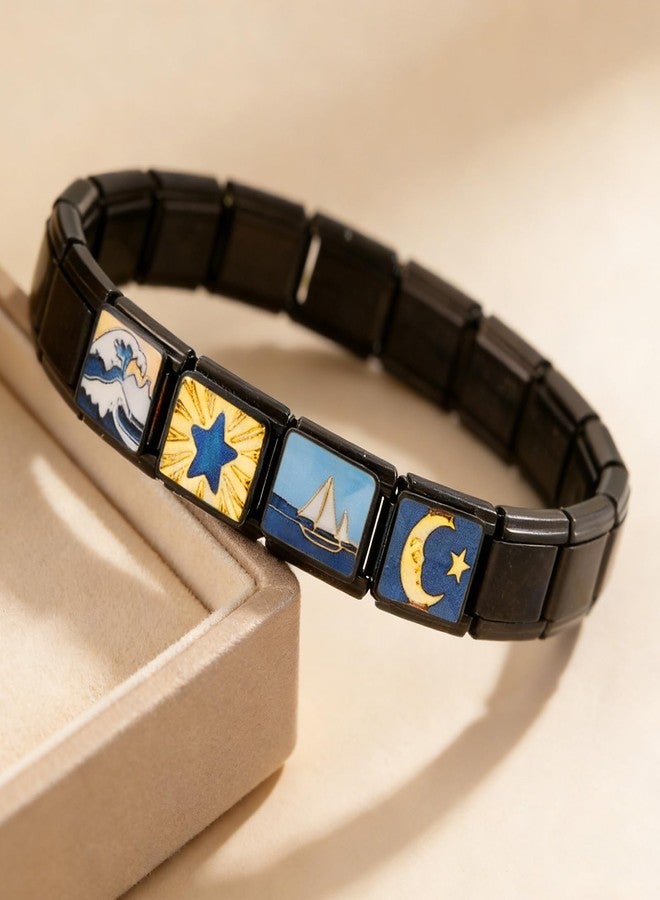 Double Fair Black Italian Style Charm Bracelet - 18-link, 7.2-inch Stainless Steel Bracelet, 9mm Wide, With 4 interChangeable Charms (Moon/Wave/Sailboat) and Opening/Closing tool, Suitable for Women - Image 2