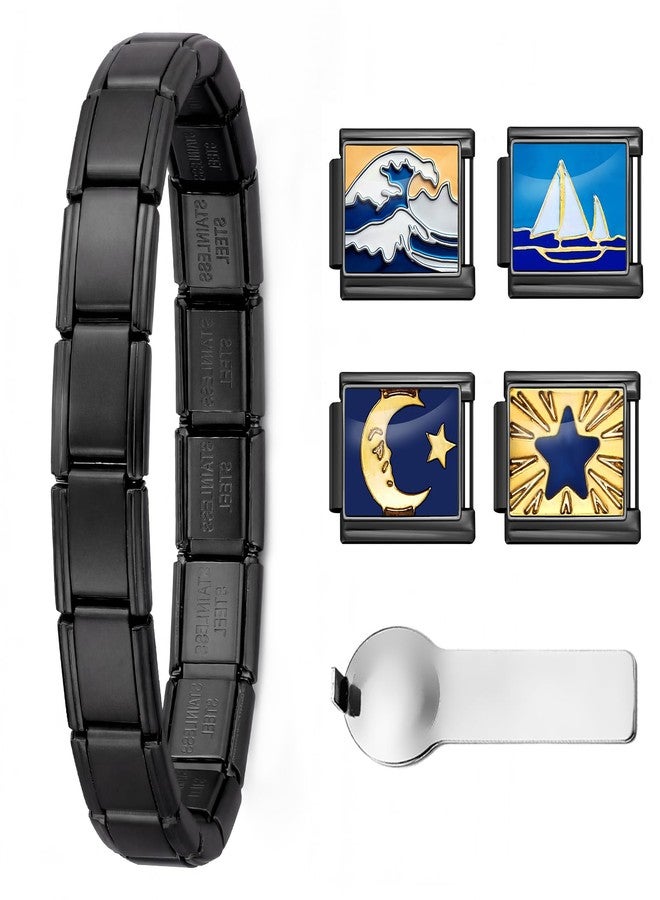 Double Fair Black Italian Style Charm Bracelet - 18-link, 7.2-inch Stainless Steel Bracelet, 9mm Wide, With 4 interChangeable Charms (Moon/Wave/Sailboat) and Opening/Closing tool, Suitable for Women - Image 1
