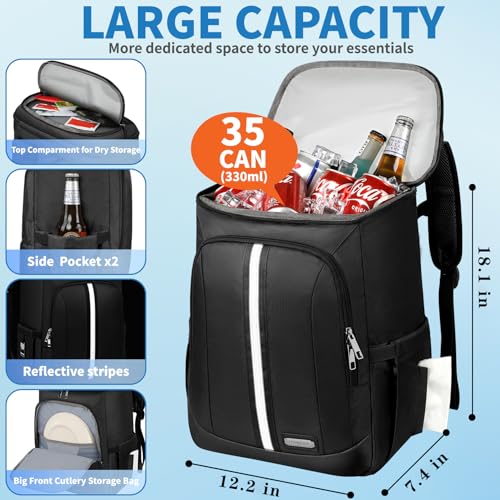 LTINVECK Cooler Backpack for Women MenInsulated Backpack Cooler Leakproof Double Deck Work Lunchboxes Cooler BagHot and Cold Thermal Backpack with Reflective StripesBlack - Image 3