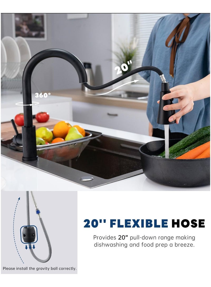 Black Kitchen Taps Mixer, 360°Swivel Kitchen Sink Faucet with Pull Out Spray 3 Modes, Stainless Steel Pull Down Sink Taps for Kitchen  - Image 5