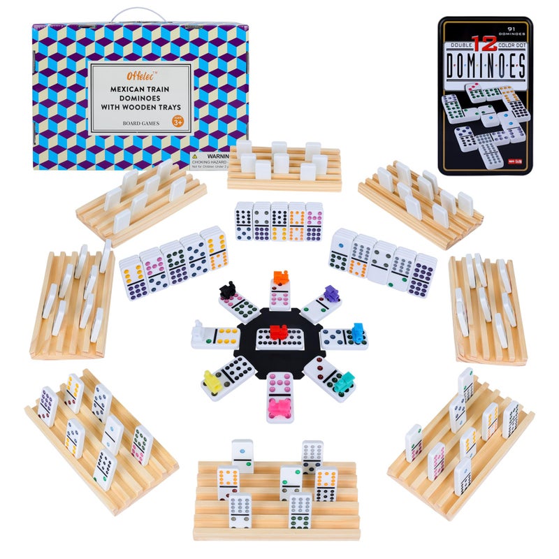 Offelec Mexican Train Dominoes Set with 8 Wooden Holders | Double 12 Dominoes with 91 Color-Coded Tiles & Hub | Domino Tile Board Games for 2-8 Players | Family Board Game for Adults & Kids (D12 + 8 Holders) - Image 1