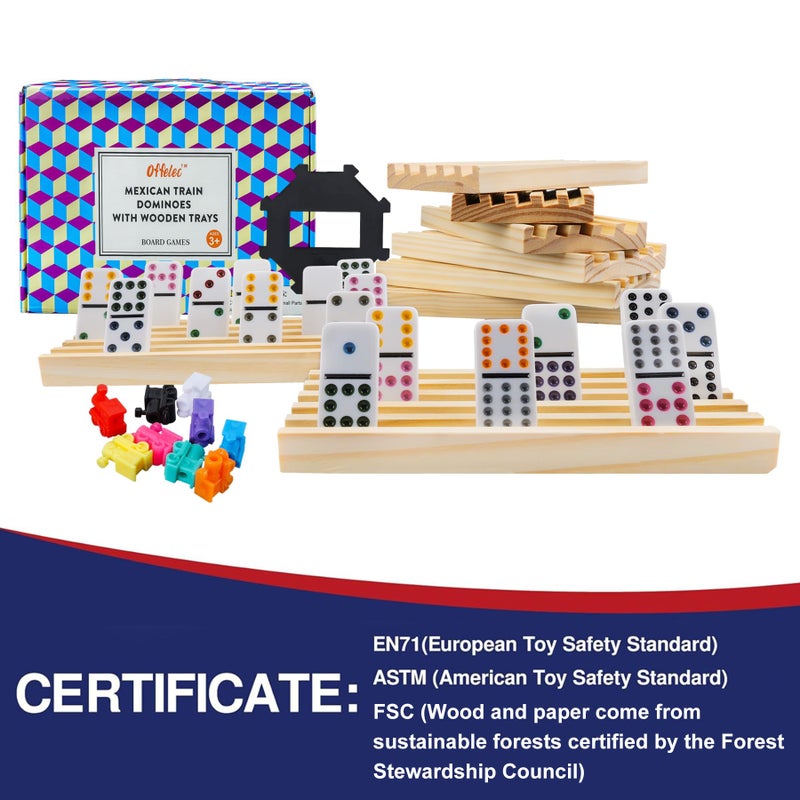 Offelec Mexican Train Dominoes Set with 8 Wooden Holders | Double 12 Dominoes with 91 Color-Coded Tiles & Hub | Domino Tile Board Games for 2-8 Players | Family Board Game for Adults & Kids (D12 + 8 Holders) - Image 3