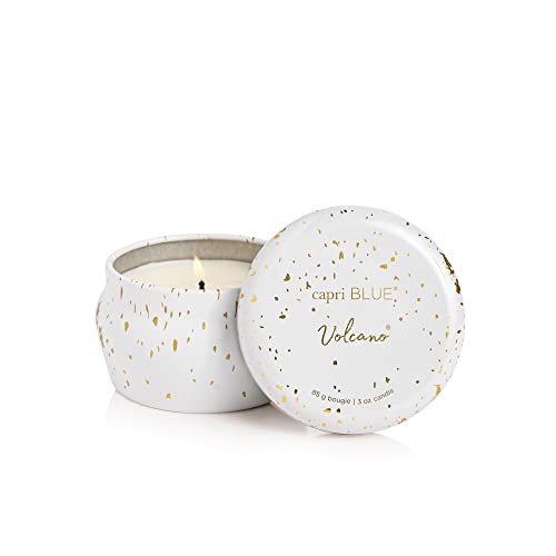 Capri Blue Glimmer Mini Tin - Volcano Scented Candle with Mini Tin Candle Holder - Soy Wax Blend - White and Gold (3 oz) - Image 1