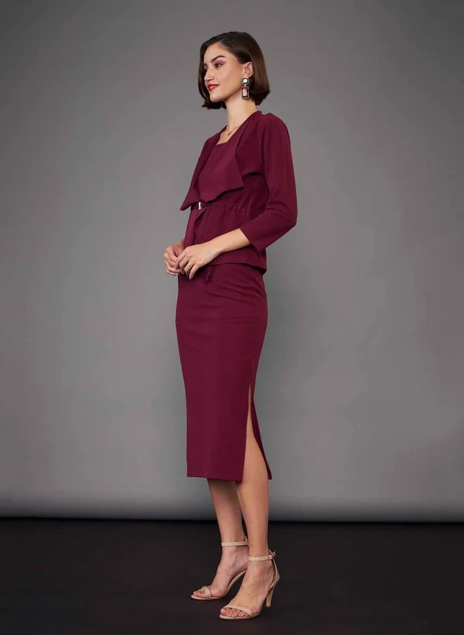 SASSAFRAS Burgundy Sheath Midi Dress With Crop Shrug For Women