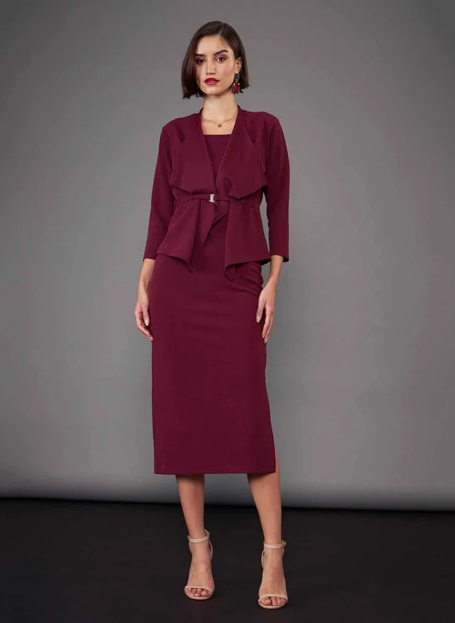 SASSAFRAS Burgundy Sheath Midi Dress With Crop Shrug For Women