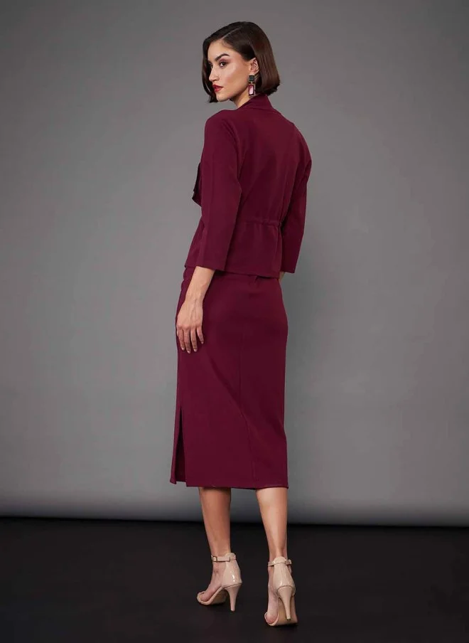SASSAFRAS Burgundy Sheath Midi Dress With Crop Shrug For Women