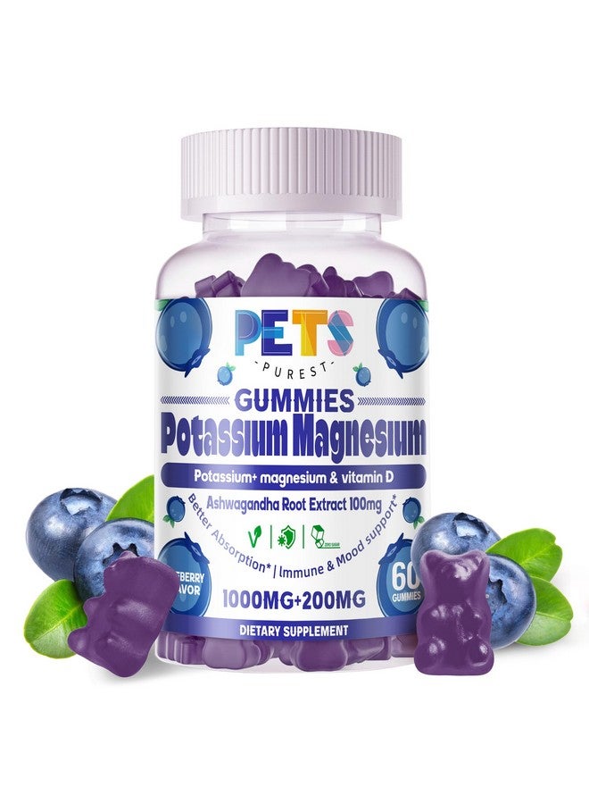 Pets Purest جواهر البوتاسيوم والمغنيسيوم - مغنيسيوم جليسينات عالي الامتصاص وسترات البوتاسيوم بالإضافة إلى أوميغا 3، B6، D3، K2 والكالسيوم - جواهر قابلة للمضغ لتشنجات الساق، المناعة والطاقة - توت أزرق 60 جواهر - Image 1