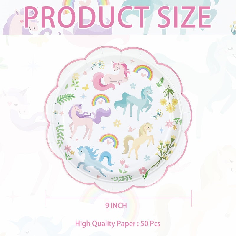 Greencian 50Pcs Magical Pastel Unicorn Birthday Paper Plates 9 Inch Heavy Duty Pastel Rainbow Disposable Dessert Plates Pink Unicorn Party Decorations for Girls' Birthday Baby Shower Party Supplies - Image 4