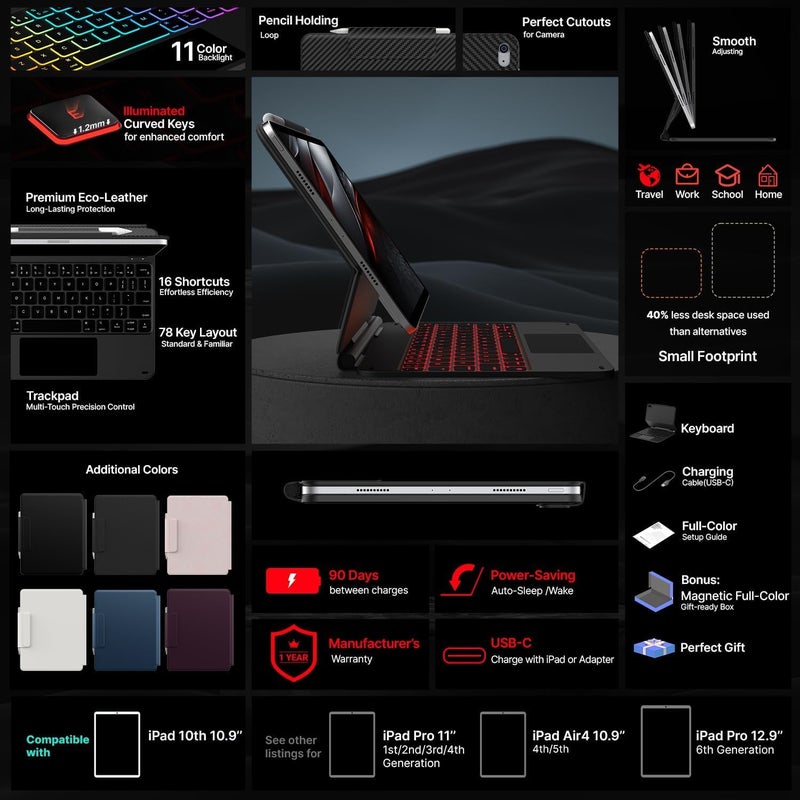 typecase Edge Magic Keyboard case for iPad 11th (A16-2025) & iPad 10th Gen with 11-Colors Backlit & Precision Touchpad, Floating Cantilever Magnetic Stand (Carbon Fiber'25)【NOT for Air 11/Pro 11】 - Image 4