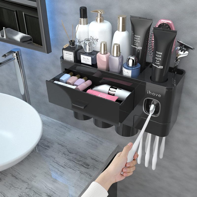 Toothbrush Holder for Bathroom Storage, 3 Cups Toothbrush Holder Wall Mounted with Toothpaste Dispenser Bathroom Set, Large Capacity Tooth Brushing Holder Bathroom Organization and Storage