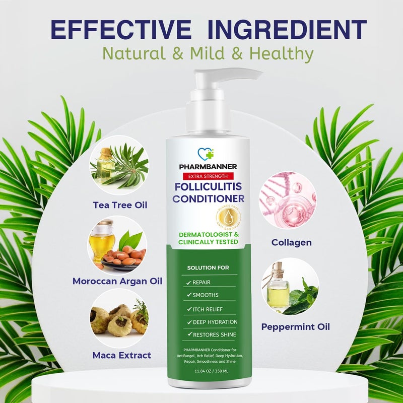 PHARMBANNER Folliculitis Itch Relief Conditioner: Tea Tree Oil & Moroccan Argan Oil - Deep Hydration & Repair - Nourishes, Smooths, Restores Shine - Safe for Dry or Damaged Hair-11.84 oz - Image 4