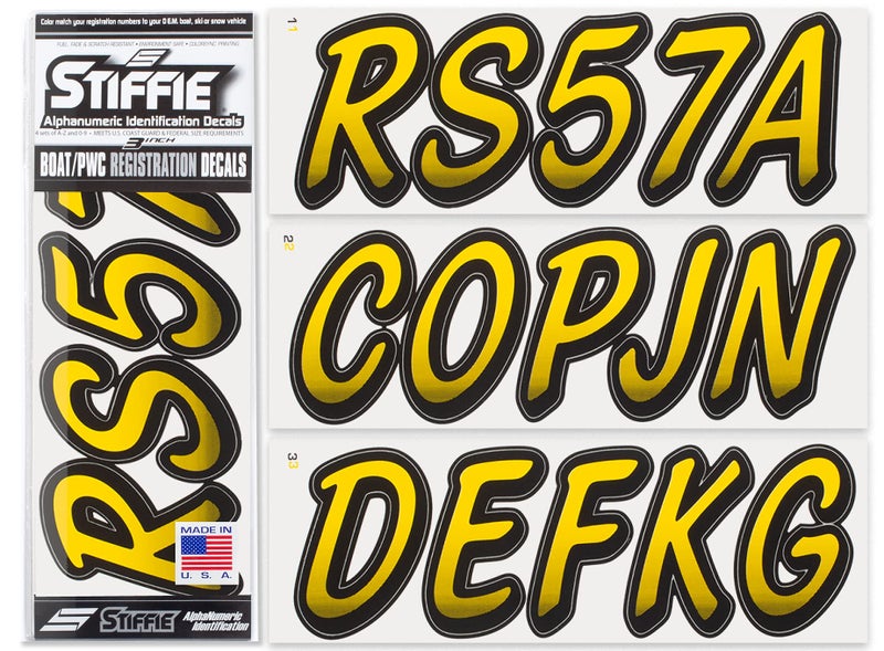 Stiffie Whipline Yellow/Black 3" Alpha-Numeric Registration Identification Numbers Stickers Decals for Boats & Personal Watercraft - Image 1