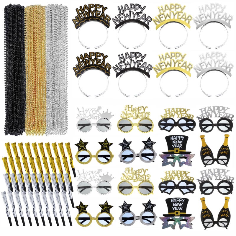 Poen 192 Pcs New Years Eve Party Supplies Include 48 New Year Headband 48 Happy NewYear Glasses 48 Noise Makers 48 Bead Necklace for Adults 2026 NewYear Day Xmas Party Supplies Favors Decor - Image 3
