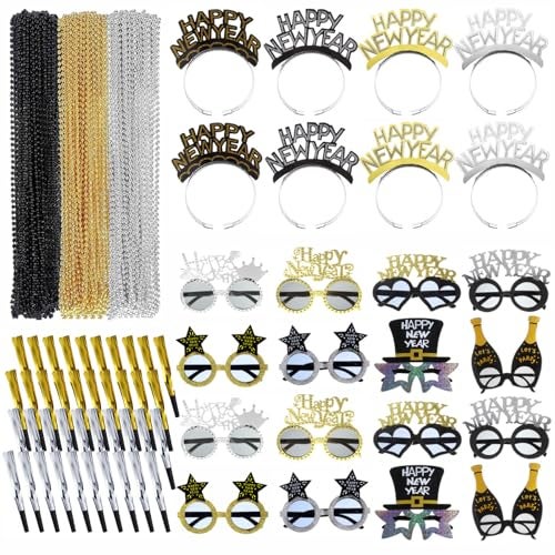 Poen 192 Pcs New Years Eve Party Supplies Include 48 New Year Headband 48 Happy NewYear Glasses 48 Noise Makers 48 Bead Necklace for Adults 2026 NewYear Day Xmas Party Supplies Favors Decor - Image 1
