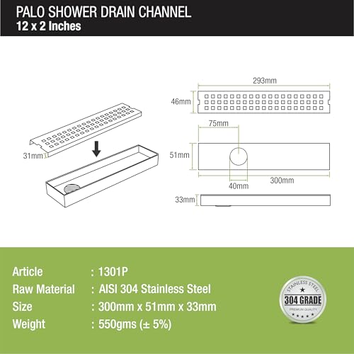 LIPKA Palo Shower Drain Channel | 12 x 2 Inches | 304 Stainless Steel Shower Water Drain Channel | Linear Floor Drains with Side Hole & Jali Silver (Cockroach Trap Not Included) - Image 2