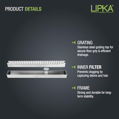 LIPKA Palo Shower Drain Channel | 12 x 2 Inches | 304 Stainless Steel Shower Water Drain Channel | Linear Floor Drains with Side Hole & Jali Silver (Cockroach Trap Not Included) - Image 3