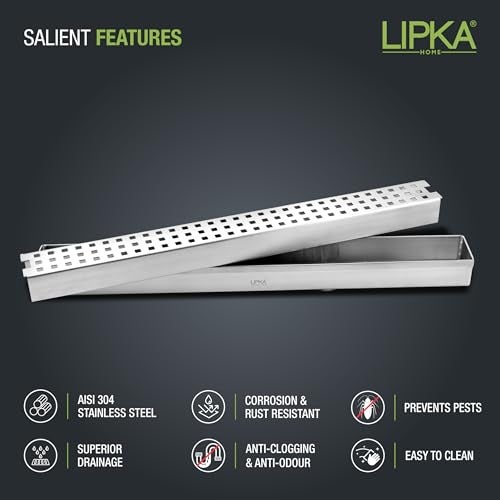 LIPKA Palo Shower Drain Channel | 12 x 2 Inches | 304 Stainless Steel Shower Water Drain Channel | Linear Floor Drains with Side Hole & Jali Silver (Cockroach Trap Not Included) - Image 4