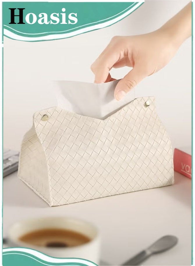 Hoasis PU Leather Tissue Box Cover, Square Tissue Holder and Facial Paper Organizer Dispenser for Bathroom, Vanity, Tabletop, Living Room and Car (White) - Image 1