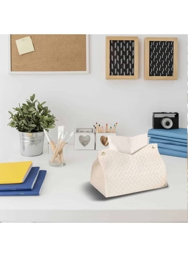Hoasis PU Leather Tissue Box Cover, Square Tissue Holder and Facial Paper Organizer Dispenser for Bathroom, Vanity, Tabletop, Living Room and Car (White) - Image 3