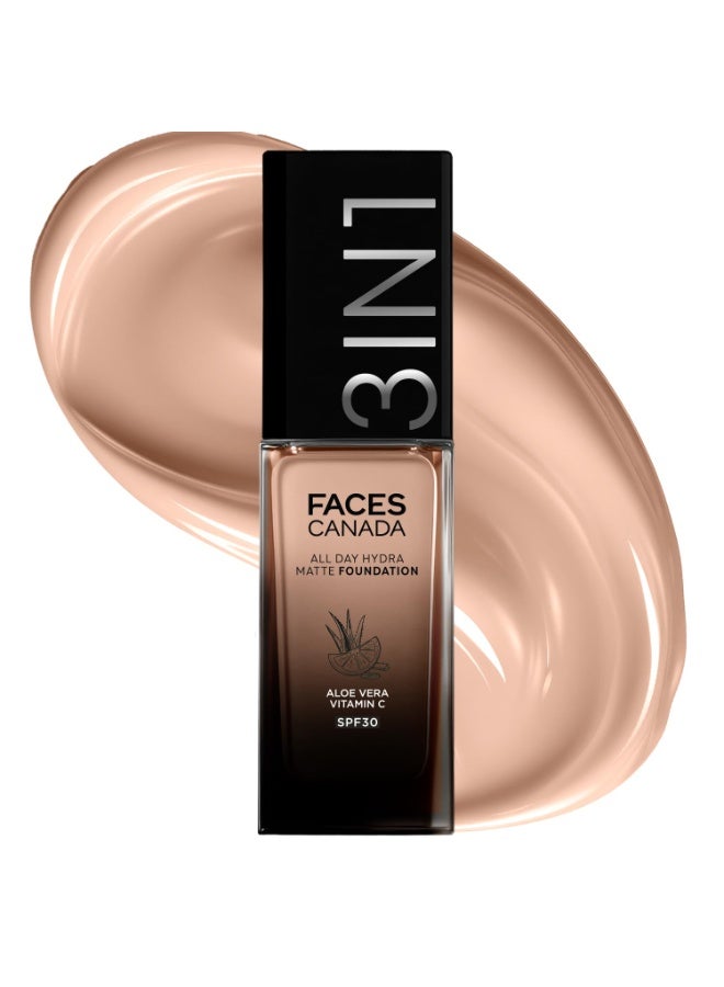 FACESCANADA All Day Hydra Matte Foundation Cream|3-in-1 Foundation + Moisturizer + SPF 30|24 HR Aloe Hydration & Vitamin C | 10HR Long Wear|Medium to High Buildable Coverage | Warm Natural 021 | 30ml - Image 1