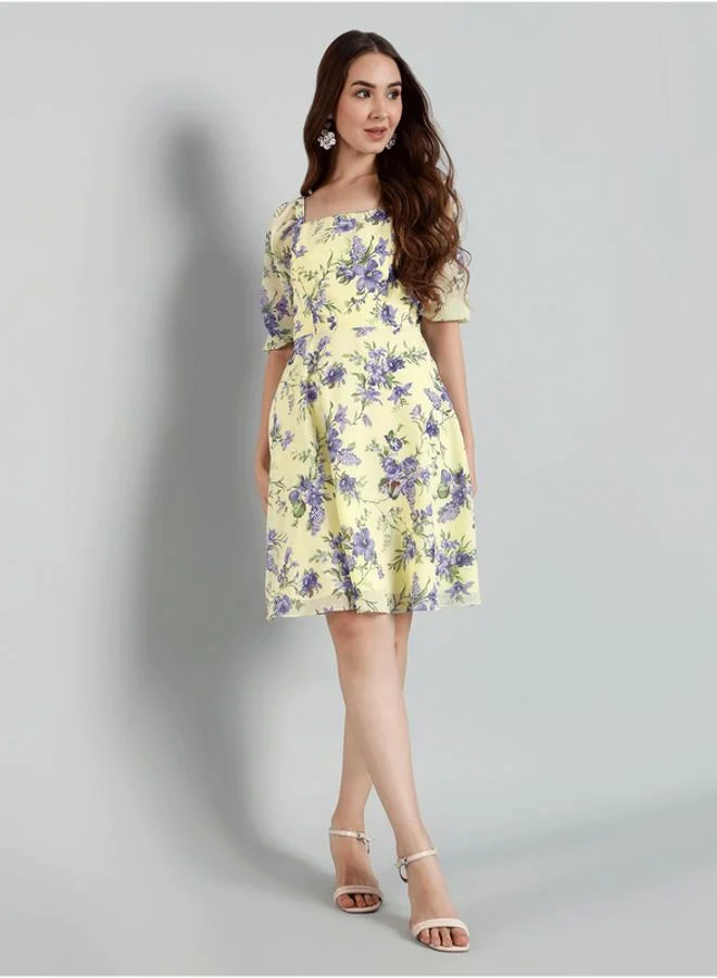 Yellow Floral Print Fit And Flare Knee-Length Dress