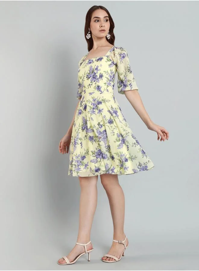 Mish Yellow Floral Print Fit And Flare Knee-Length Dress