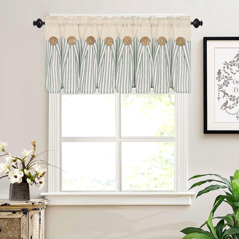 أسبميز aspmiz قطن الكتان المطبخ المطبخ الستائر بوهو بوت الأزرار الريفية المزروعة للنوافذ Farmhouse Green Stripe Valance Window Tiers ROD WINDOW - Image 2