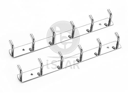 iSTAR Stainless Steel 6 Pin Bathroom Cloth Hooks Hanger Door Bathroom Robe Hooks Rail for Hanging Keys,Clothes,Towel Steel Hook (Silver) (Pack of 2) - Image 2