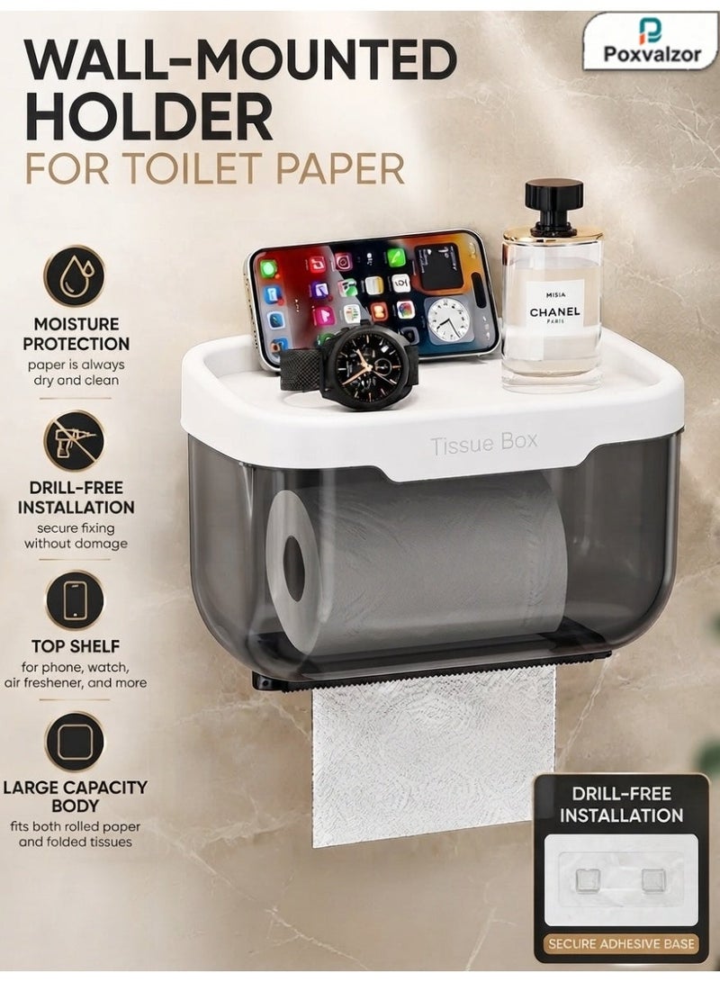Poxvalzor Toilet Paper Holder, Wall Mounted Transparent Tissue Box Dispenser, Punch-Free No-Drill Waterproof Tissue Container for Bathroom, Multifunction Inverted Hanging Paper Roll Holder, Cat Proof, Durable, Space-Saving（Small Grey） - Image 1