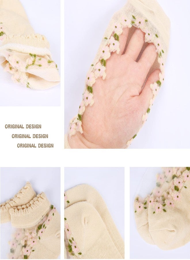 فيوليت ميست جوارب شفافة شبكية من فايوليت ميست للنساء والفتيات، جوارب شفافة مزينة بنقوش زهور، جوارب صيفية قصيرة شفافة رقيقة للغاية بنقوش لطيفة، جوارب نايلون كريستالية زجاجية قصيرة، عبوة من 5 قطع - Image 4