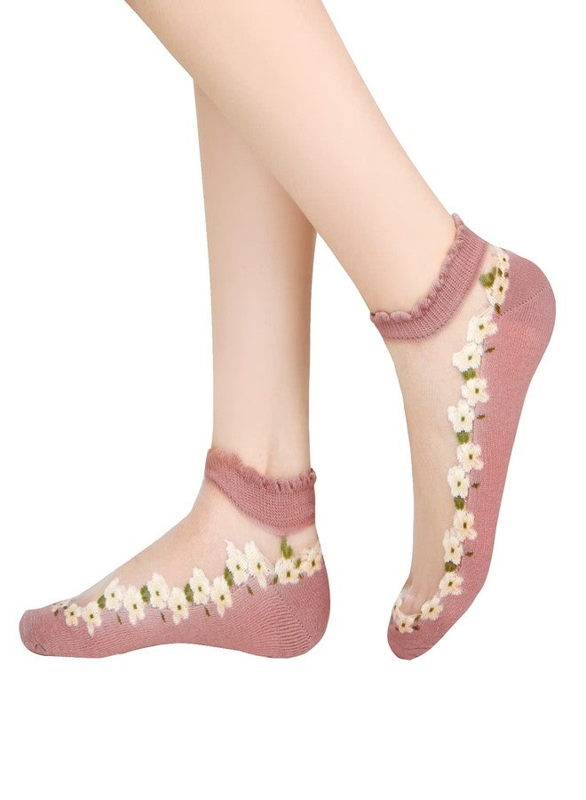 فيوليت ميست جوارب شفافة شبكية من فايوليت ميست للنساء والفتيات، جوارب شفافة مزينة بنقوش زهور، جوارب صيفية قصيرة شفافة رقيقة للغاية بنقوش لطيفة، جوارب نايلون كريستالية زجاجية قصيرة، عبوة من 5 قطع - Image 2