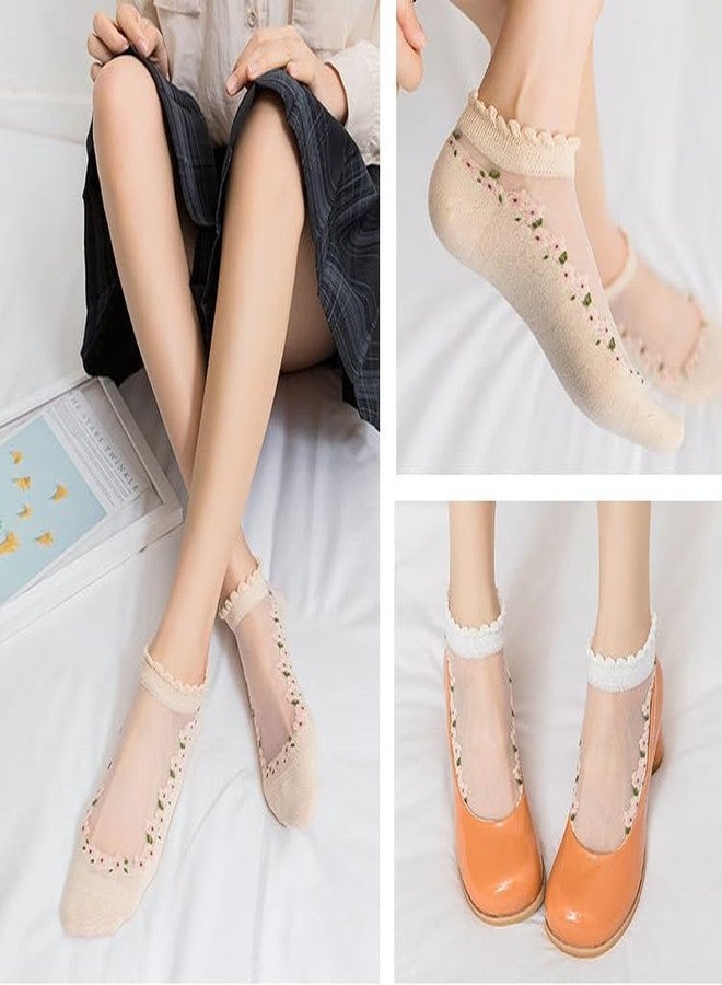 فيوليت ميست جوارب شفافة شبكية من فايوليت ميست للنساء والفتيات، جوارب شفافة مزينة بنقوش زهور، جوارب صيفية قصيرة شفافة رقيقة للغاية بنقوش لطيفة، جوارب نايلون كريستالية زجاجية قصيرة، عبوة من 5 قطع - Image 3