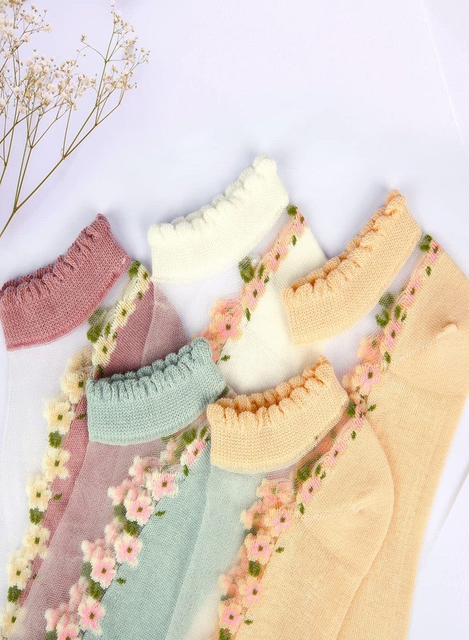 فيوليت ميست جوارب شفافة شبكية من فايوليت ميست للنساء والفتيات، جوارب شفافة مزينة بنقوش زهور، جوارب صيفية قصيرة شفافة رقيقة للغاية بنقوش لطيفة، جوارب نايلون كريستالية زجاجية قصيرة، عبوة من 5 قطع - Image 5